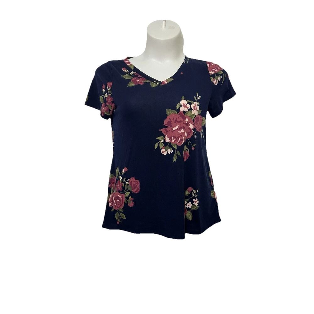 LuLaRoe Christy V-Neck Top‎ Women’s Large Navy Blue Floral Short Sleeve Shirt